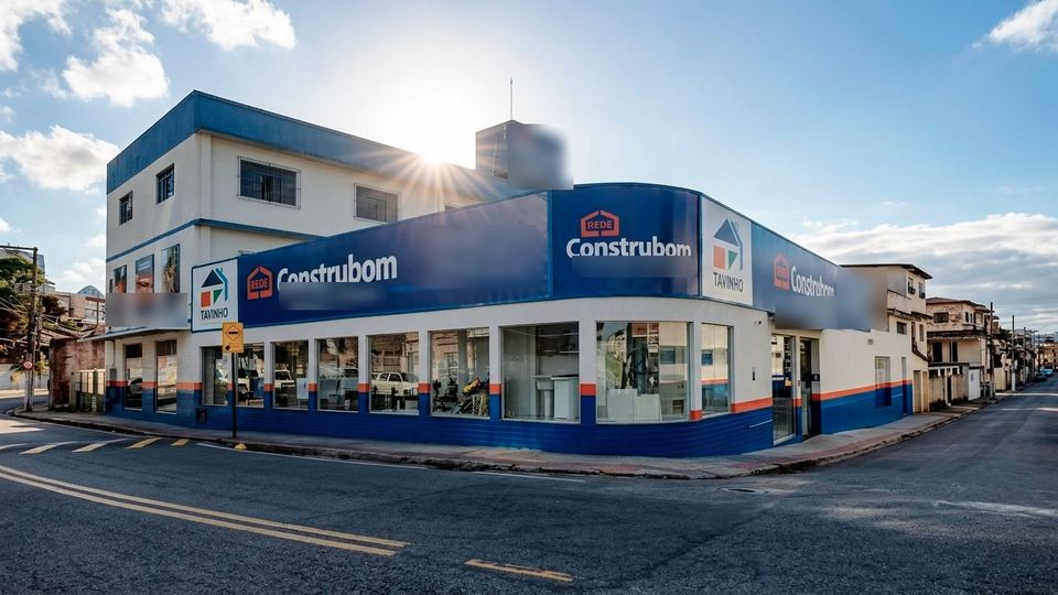 Fachada atual da loja, em 2026, na esquina, com as placas Construbom e Tavinho